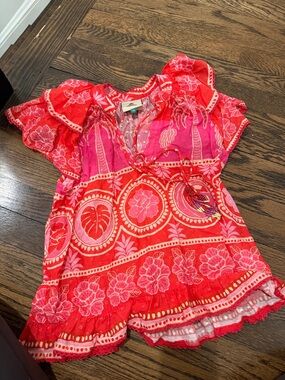 FARM Rio Red and Pink Floral Tie-Front Ruffled Top